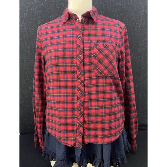 BDG Urban Outfitter Louie Red Plaid Flannel Shirt Layered Lace Ruffled Detail SP - Picture 10 of 14